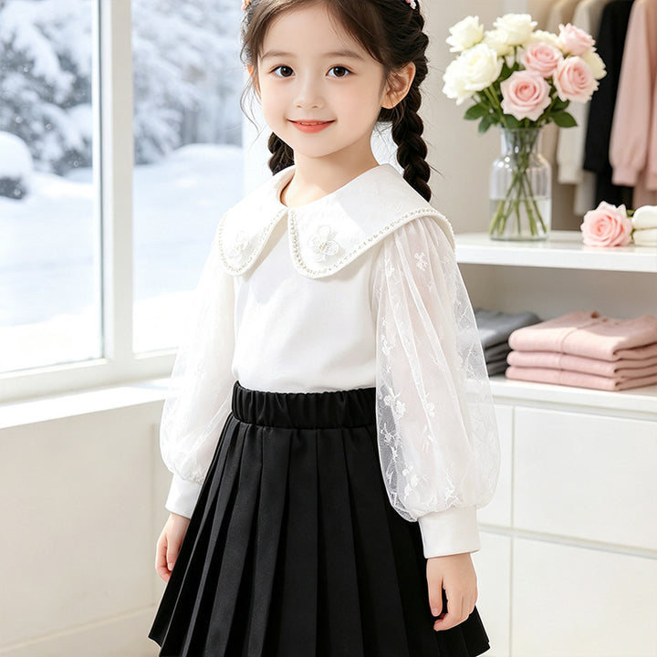 Mädchen Bluse mit elegantem Tüllkragen und floralen Applikationen Drune