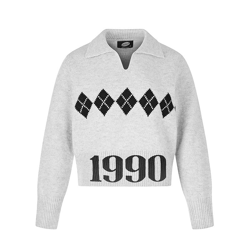 Damen Cropped Strickpullover mit Polokragen, Rippbund und Argyle‑Motiv Drune