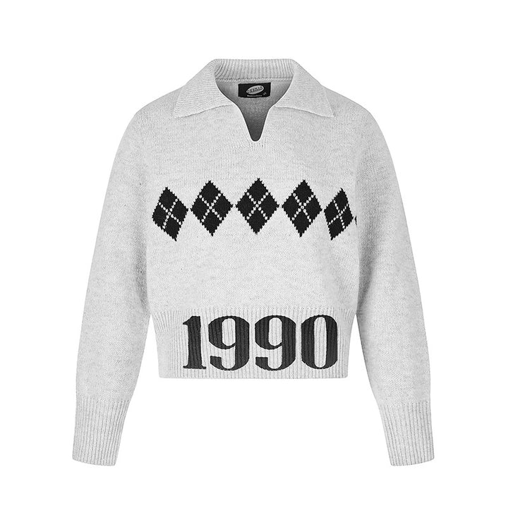 Damen Cropped Strickpullover mit Polokragen, Rippbund und Argyle‑Motiv Drune