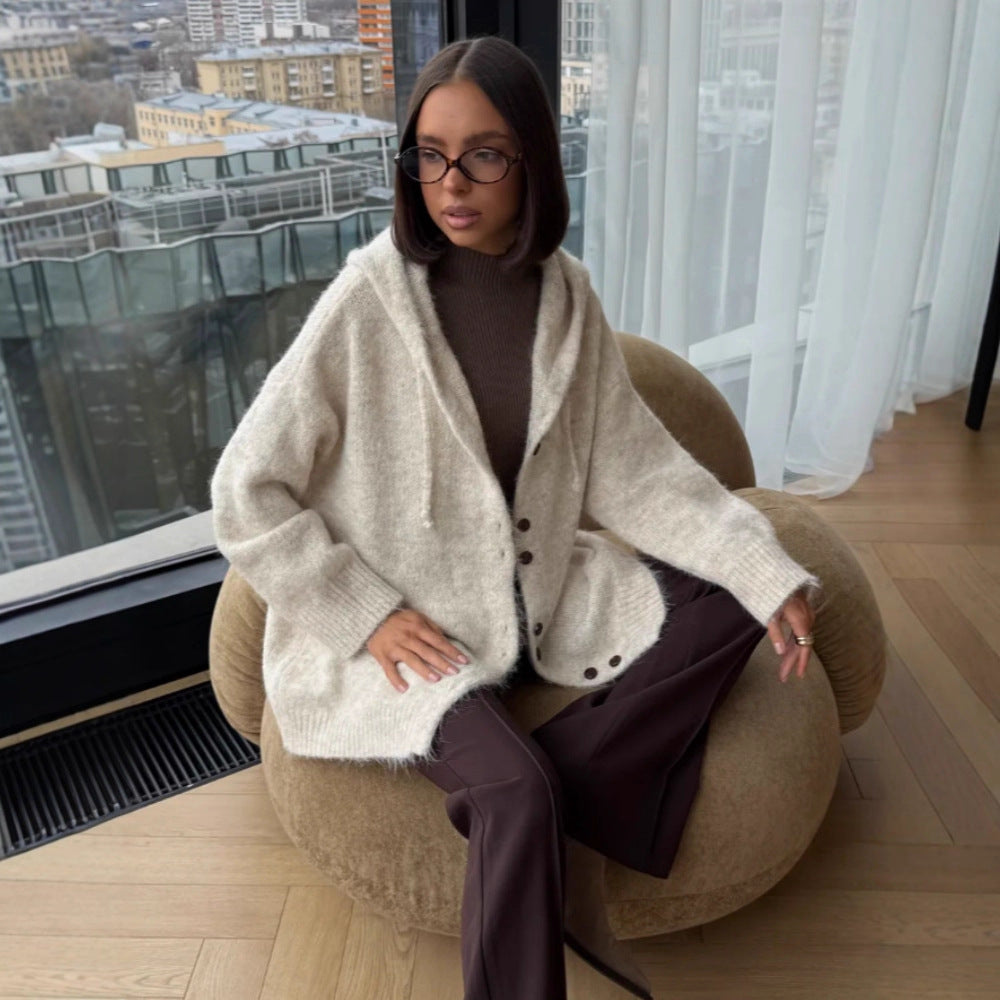 Damen Modische Strickjacke mit Kapuze Drune