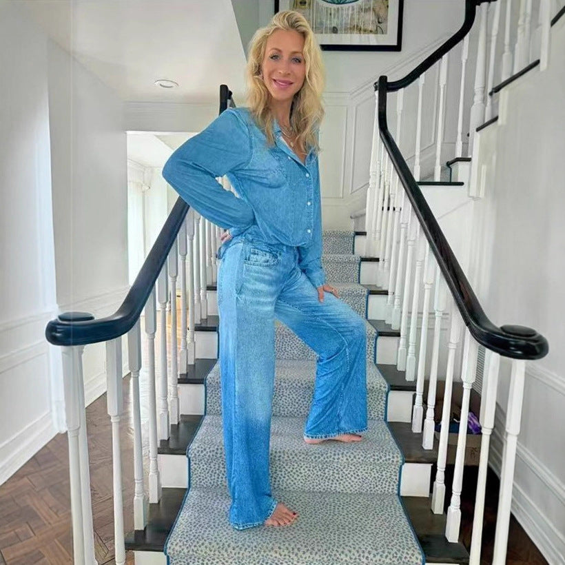 Damen Entspanntes Denim Loungewear-Set mit Übergröße Hemd und Weiten Schlaghosen Drune