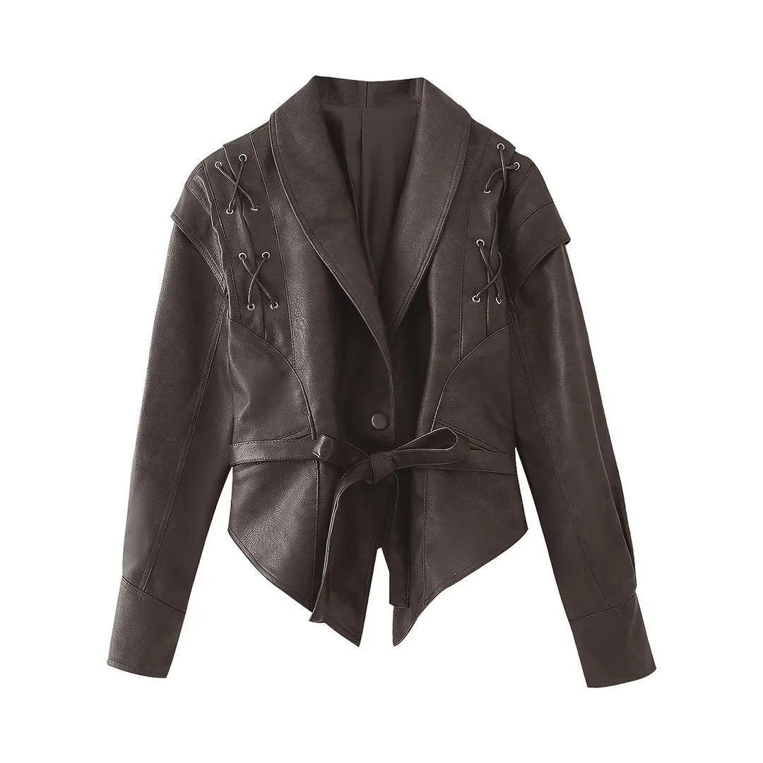 Damen nan taillierte Bindegürtel-Kunstlederjacke mit Schalkragen und Schnürdetails Drune