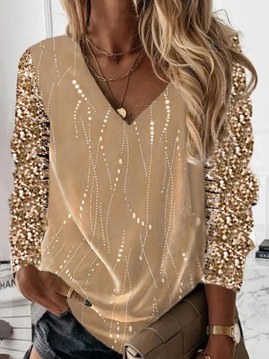 Damen Festliche V-Ausschnitt Bluse mit Paillettenärmeln und leichter Drapierung Drune