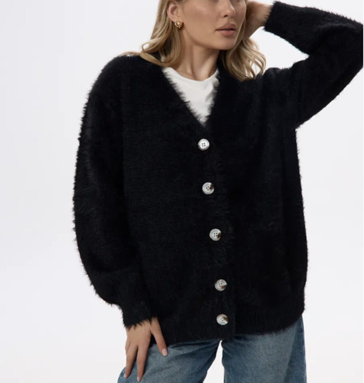 Damen Flauschiger Mohair‑Optik Knopfcardigan mit überschnittener Schulter und Perlmuttknöpfen Drune