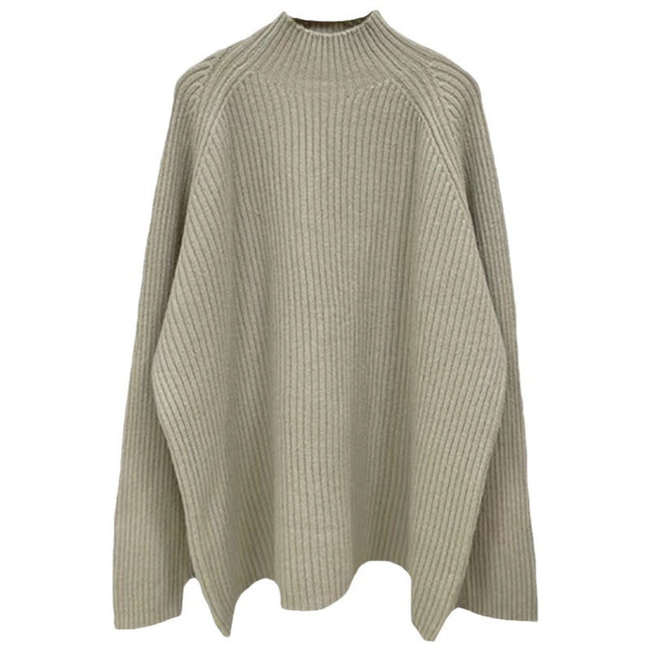 Damen lässiger Grobstrickpullover mit hochgeschlossenem Kragen und asymmetrischem Saum Drune