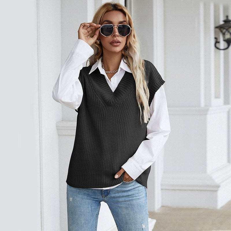 Damen Grobgestrickte Oversize-Weste mit tiefem V‑Ausschnitt und Rippsaum Drune