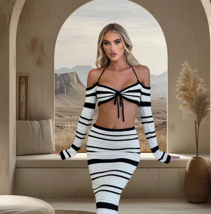 Damen Set aus gestreiftem Crop-Top und Maxi-Rock Drune