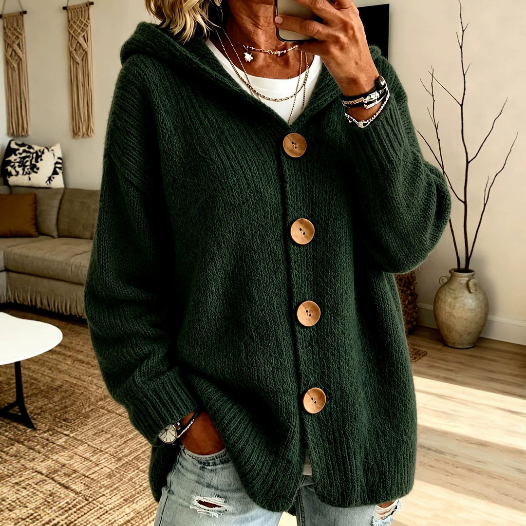 Damen Grobgestrickter Kapuzencardigan mit überlanger Silhouette, Holzknopfleiste und gerippten Bündchen Drune