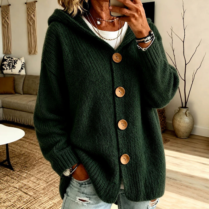 Damen Grobgestrickter Kapuzencardigan mit überlanger Silhouette, Holzknopfleiste und gerippten Bündchen Drune