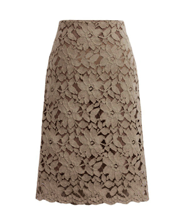 Damen nan knielanger A-Linien Spitzenrock mit floraler Applikationsspitze, hoher Taille und gewelltem Saum Drune