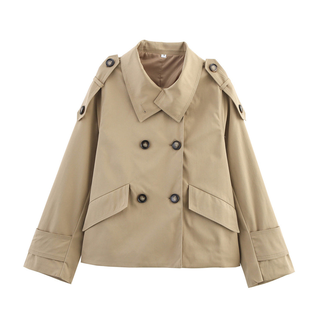 Damen nan kurzes doppelreihiges Trenchjacke im Boxy-Cut mit Schulterklappen, Pattentaschen und verstellbaren Manschetten Drune