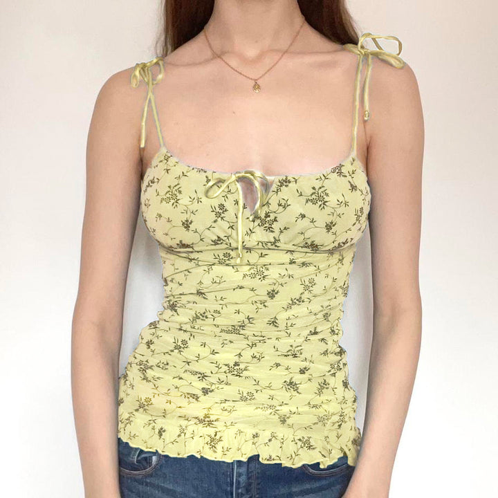 Damen luftiges Blumenmuster Top mit Rüschendetails und verstellbaren Trägern Drune