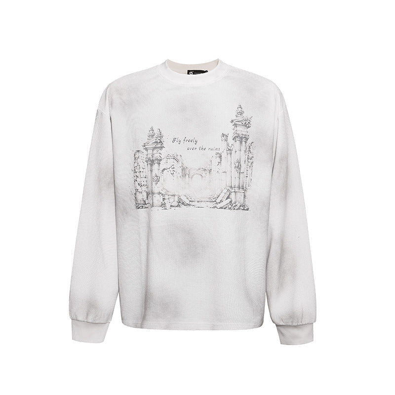 Damen Oversize-Sweatshirt mit Waffelstruktur, Rundhalsausschnitt und Ruinen-Skizzenprint Drune