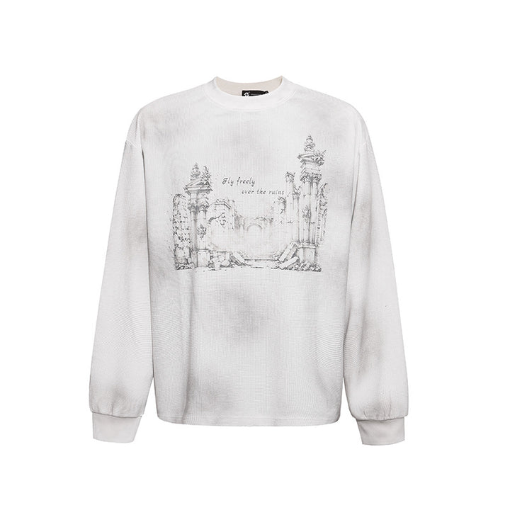 Damen Oversize-Sweatshirt mit Waffelstruktur, Rundhalsausschnitt und Ruinen-Skizzenprint Drune