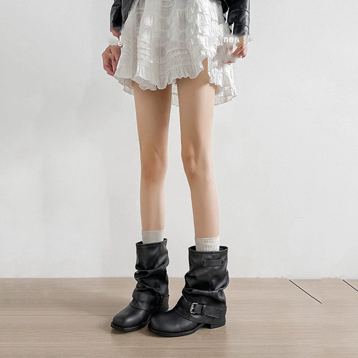 Damen Modische Stiefeletten mit lässigem Falten-Design und eleganter Schnallenverzierung Drune