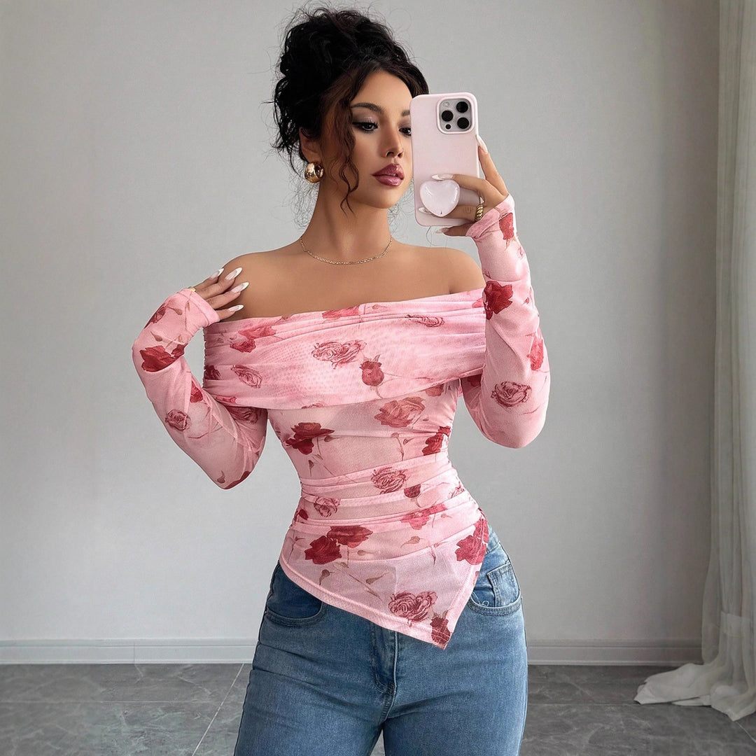 Damen nan schulterfreies gerafftes Langarm-Oberteil aus feinem Mesh mit floralem Print und taillierter Silhouette Drune