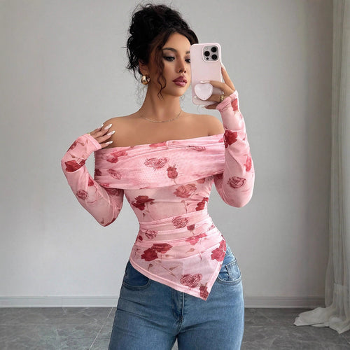 Damen nan schulterfreies gerafftes Langarm-Oberteil aus feinem Mesh mit floralem Print und taillierter Silhouette Drune