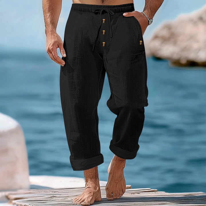 Herren nan lockere Leinen-Baumwoll-Hose mit elastischem Bund, Kordelzug und aufgekrempeltem Saum Drune