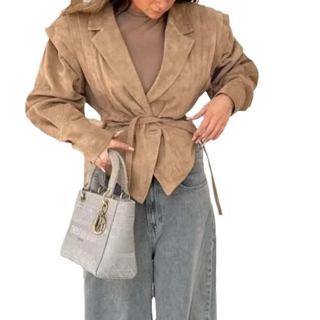 Damen Modische Wildlederjacke mit Taillengürtel Drune