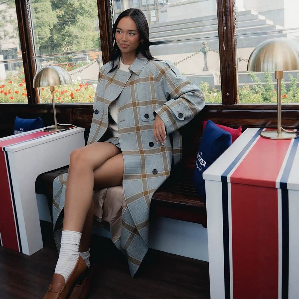 Damen langer kariierter Mantel im Trenchcoat-Stil mit doppelter Knopfleiste Drune