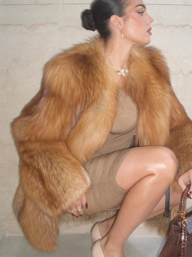 Damen Kurzer Plüsch-Fauxfur-Mantel mit kastiger Silhouette und voluminösem Schalkragen Drune