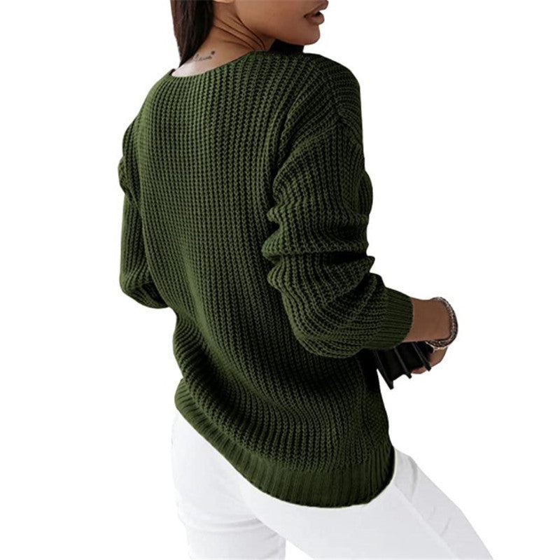 Damen nan grob gestrickter V-Ausschnitt Pullover mit Zopfmuster und lockerer Silhouette Drune