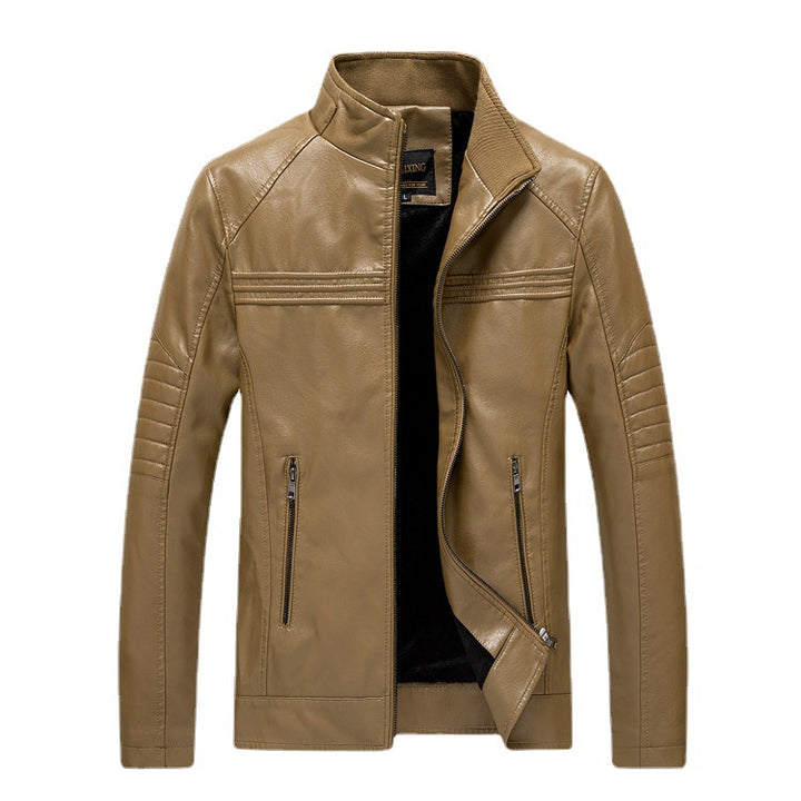Herren Slim-Fit Kunstleder-Motojacke mit Stehkragen und gesteppter Ärmelpasse Drune