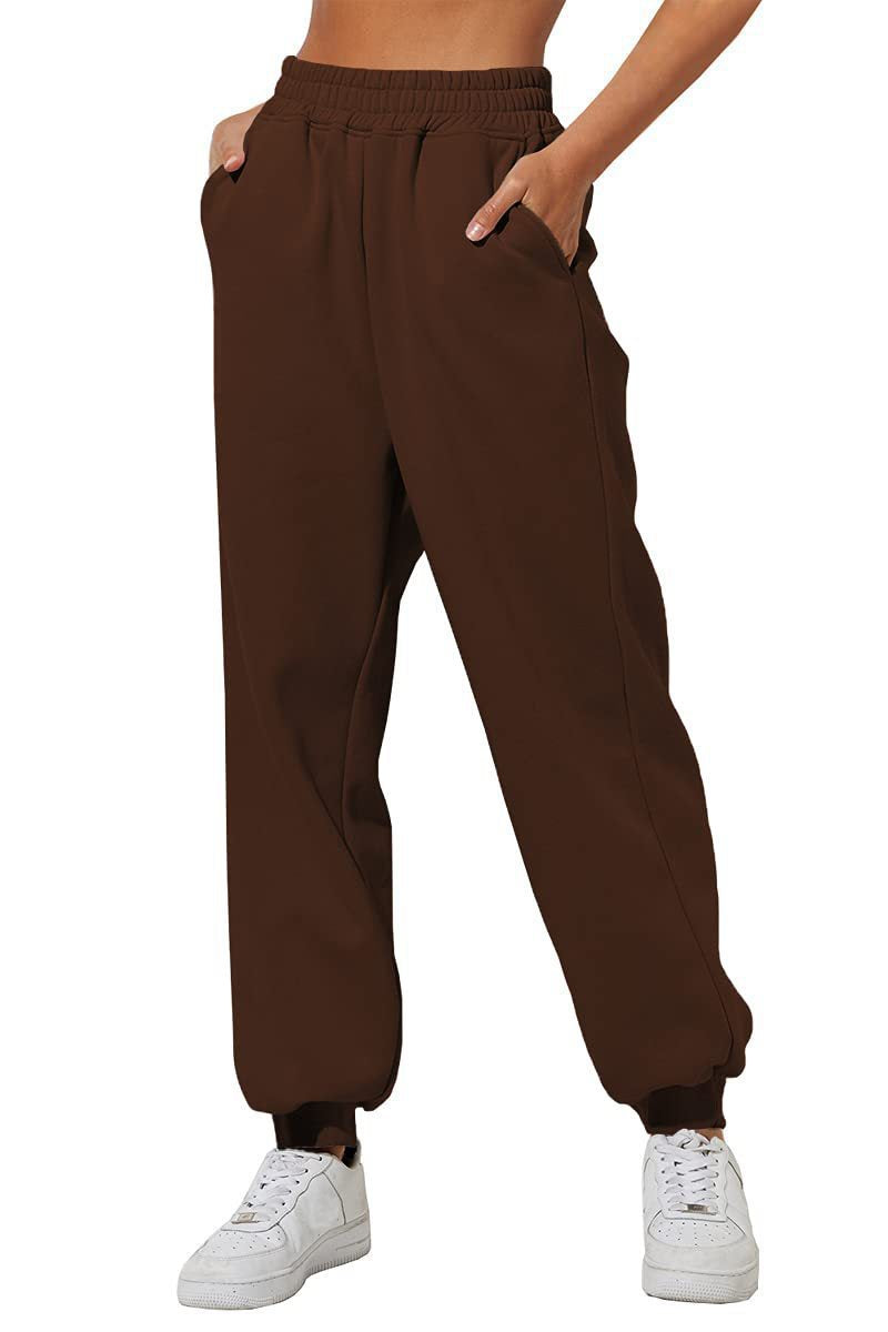 Damen nan lockere High‑Waist Jogginghose mit doppellagigem Komfortbund, seitlichen Eingrifftaschen und gerafften Knöchelbündchen Drune