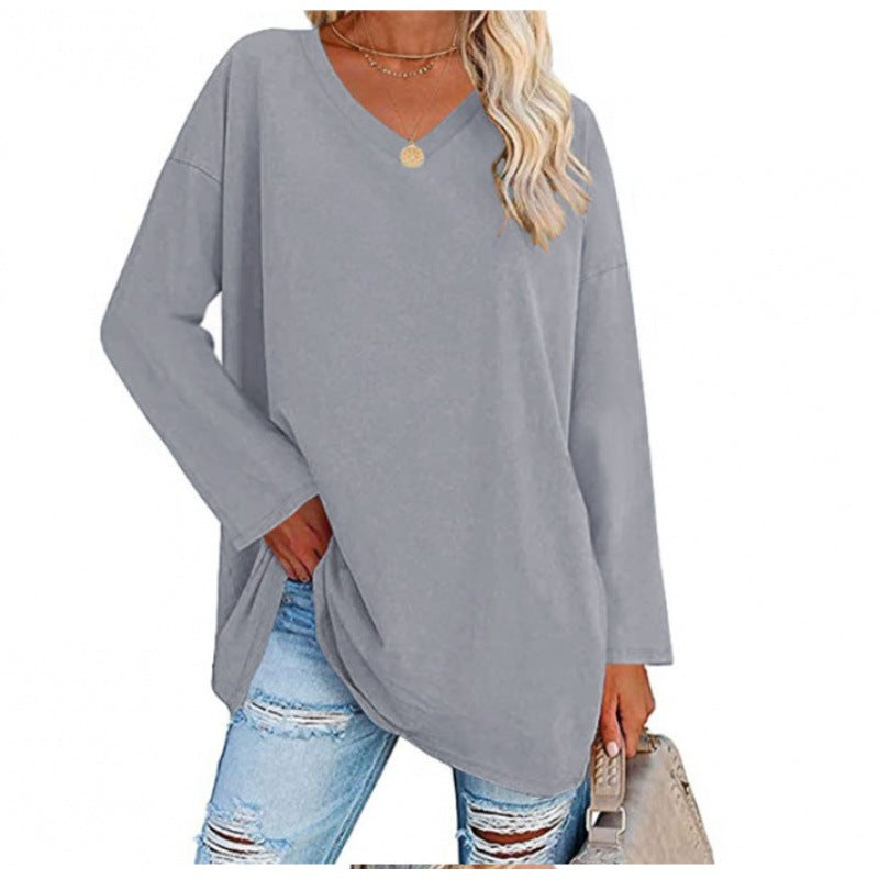 Damen Lässiges V-Ausschnitt Sweatshirt mit langen Ärmeln und asymmetrischem Saum Drune