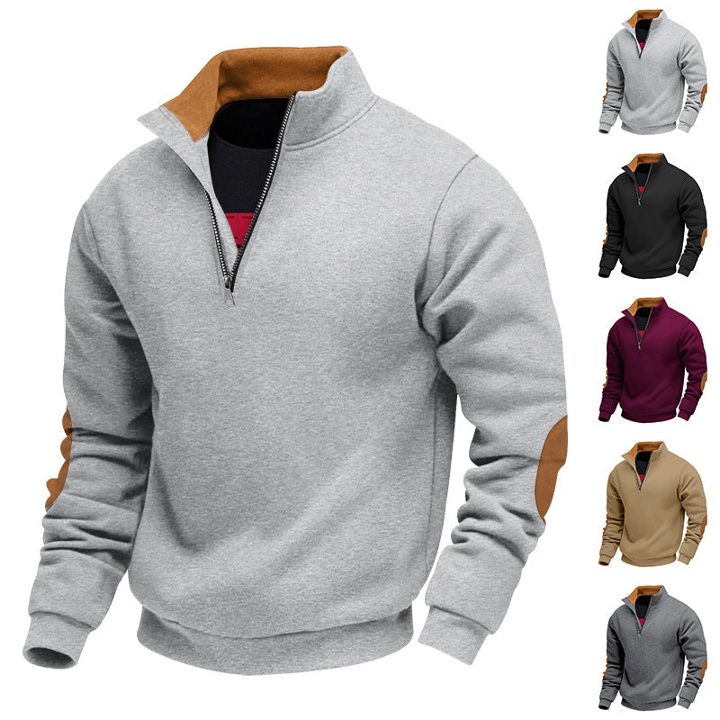 Herren nan Sweatshirt mit Halb-Reißverschluss, Stehkragen und Wildleder-Ellenbogenbesatz Drune