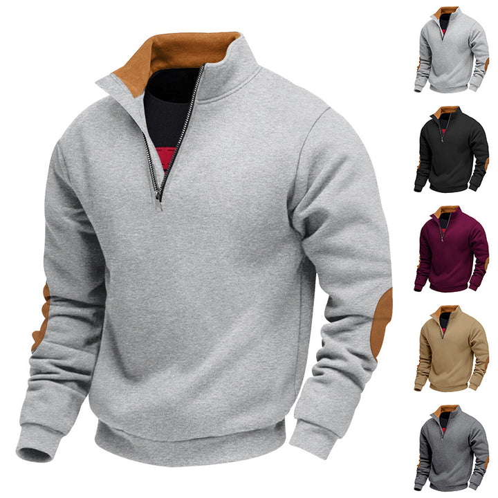Herren nan Sweatshirt mit Halb-Reißverschluss, Stehkragen und Wildleder-Ellenbogenbesatz Drune