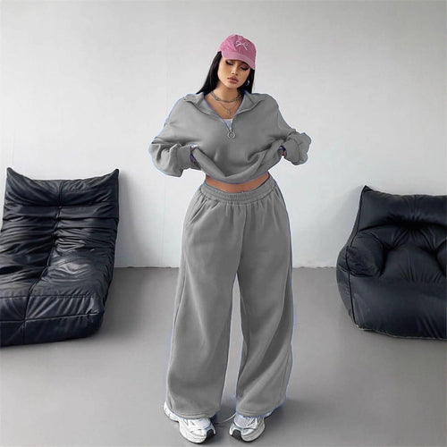 Damen Samt-Cropped-Ziphoodie und weit geschnittene High-Waist Palazzo-Jogginghose Drune