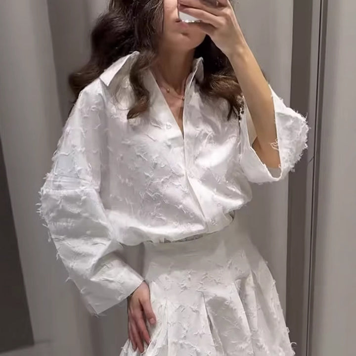 Damen 300+ oversized strukturierte Bluse mit Fransenoptik und dreiviertelärmeln Drune