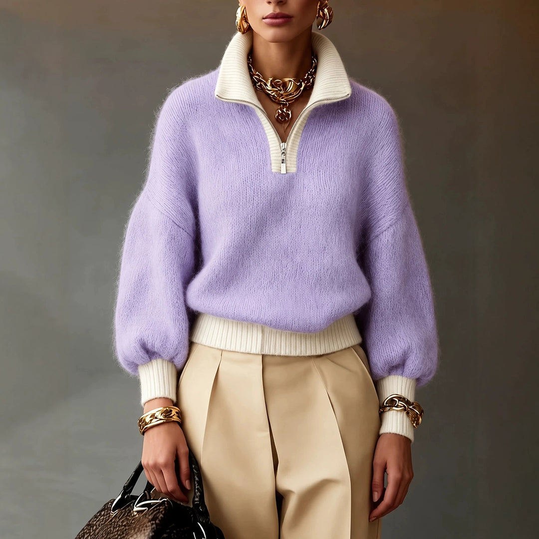 Damen Flauschiger Pullover mit halbem Reißverschluss, Stehkragen und Ballonärmeln Drune