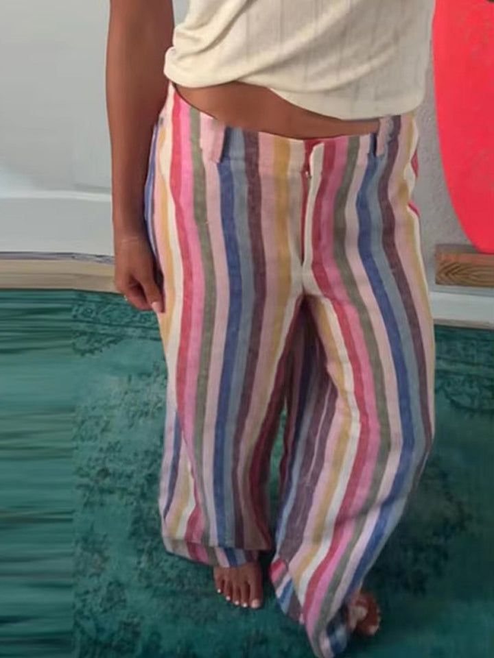 Damen Leinenhose mit weitem Bein, hohem Bund & buntem Streifenmuster Drune