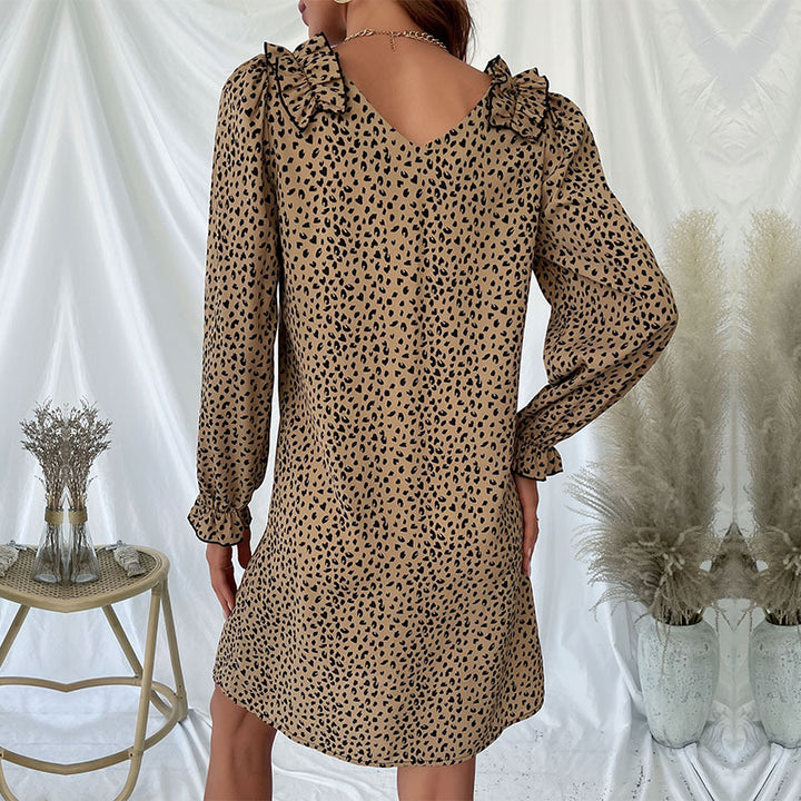 Damen Minikleid mit V-Ausschnitt, Volantkragen und dezentem Animal-Print Drune