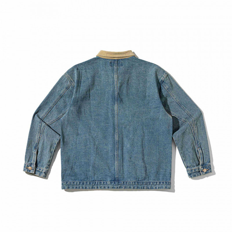 Unisex Boxy-Denim-Blousonjacke mit Cordkragen und schräg eingesetzten Pattentaschen Drune