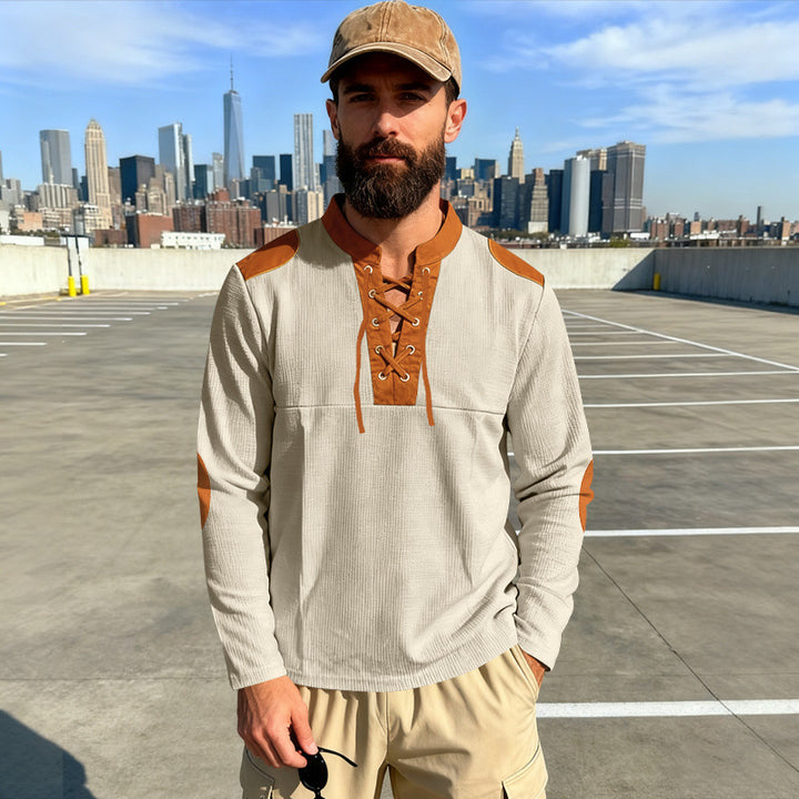 Herren Waffelstrick-Langarmshirt mit Schnürung und Kunstvelours-Ellbogenpatches Drune