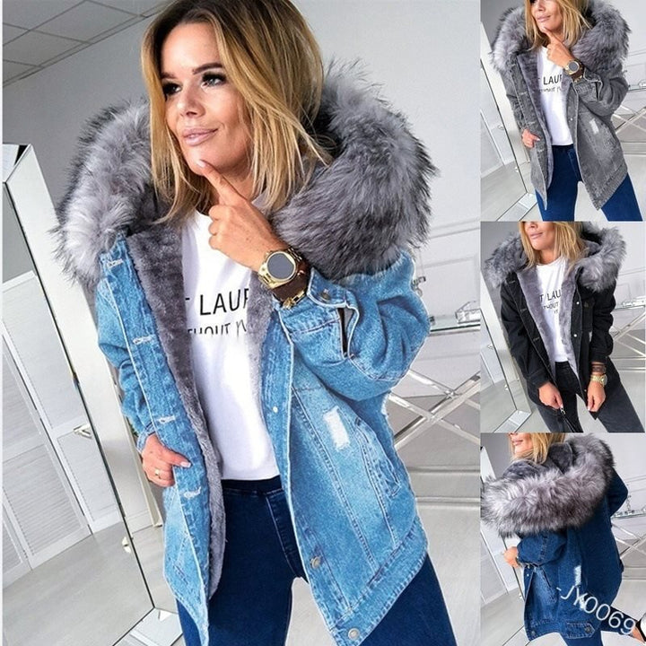 Damen Oversize Denim-Parka mit abnehmbarem Kunstpelzkragen und Used-Effekt Drune