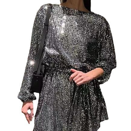 Damen Glamouröses Cocktailkleid mit funkelnden Lurex-Fäden und elastischem Taillengürtel Drune