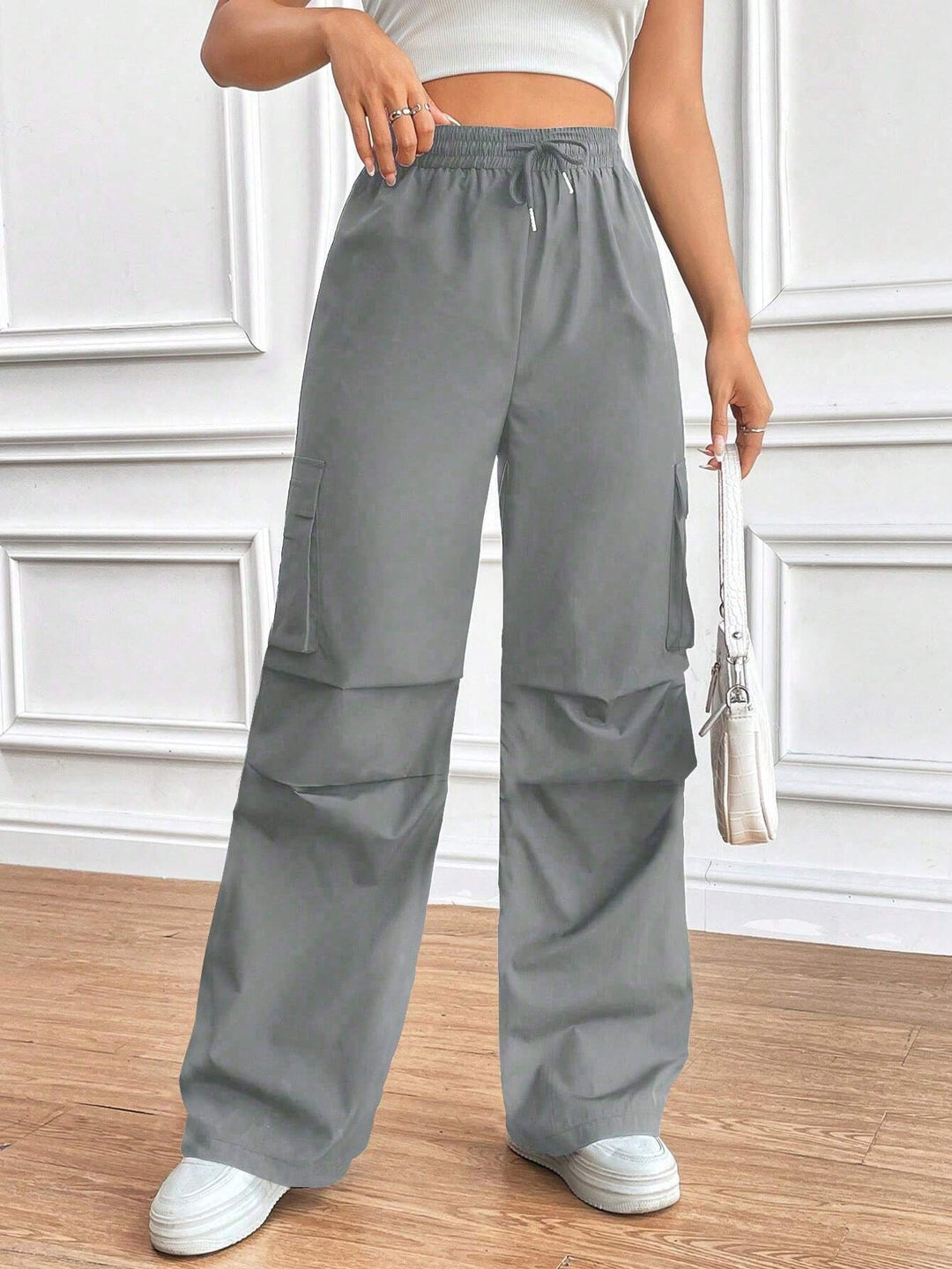 Damen Weite High‑Waist Cargo‑Hose mit Elastikbund und großen Klappentaschen Drune