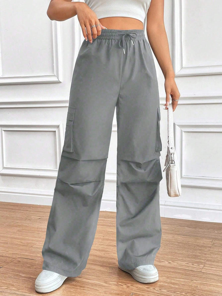 Damen Weite High‑Waist Cargo‑Hose mit Elastikbund und großen Klappentaschen Drune