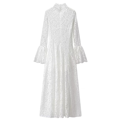 Damen nan Spitzenkleid mit Stehkragen, ausgestellter A-Linie und Glockenärmeln Drune