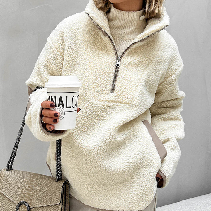 Damen Oversized Sherpa-Fleece Pullover mit halbem Reißverschluss und Kängurutasche Drune