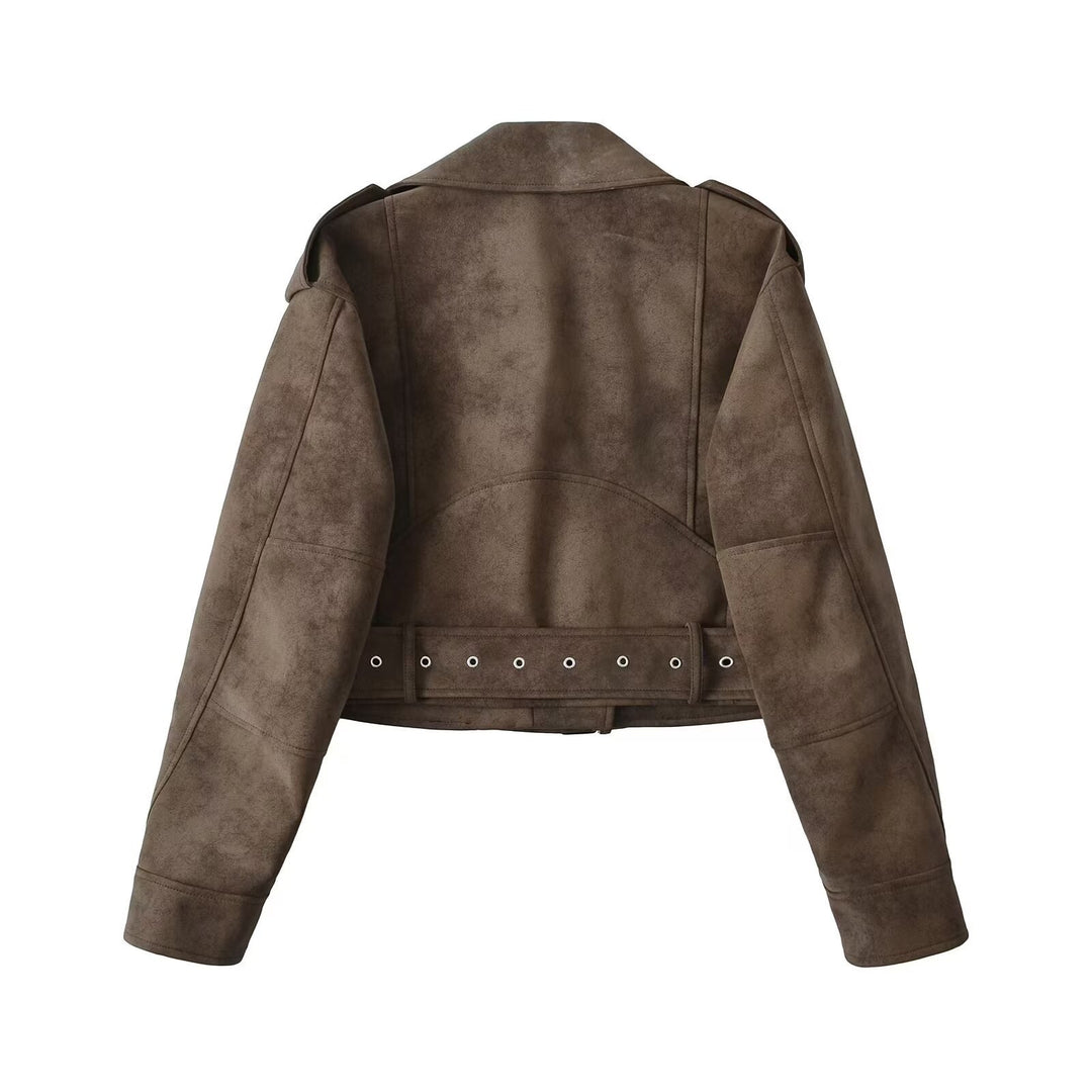 Damen Kunstleder Bikerjacke mit tailliertem Schnitt und verstellbarem Bund Drune