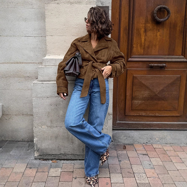 Damen Kurzblouson aus Wildleder‑Look mit Bindegürtel und kastiger Silhouette Drune