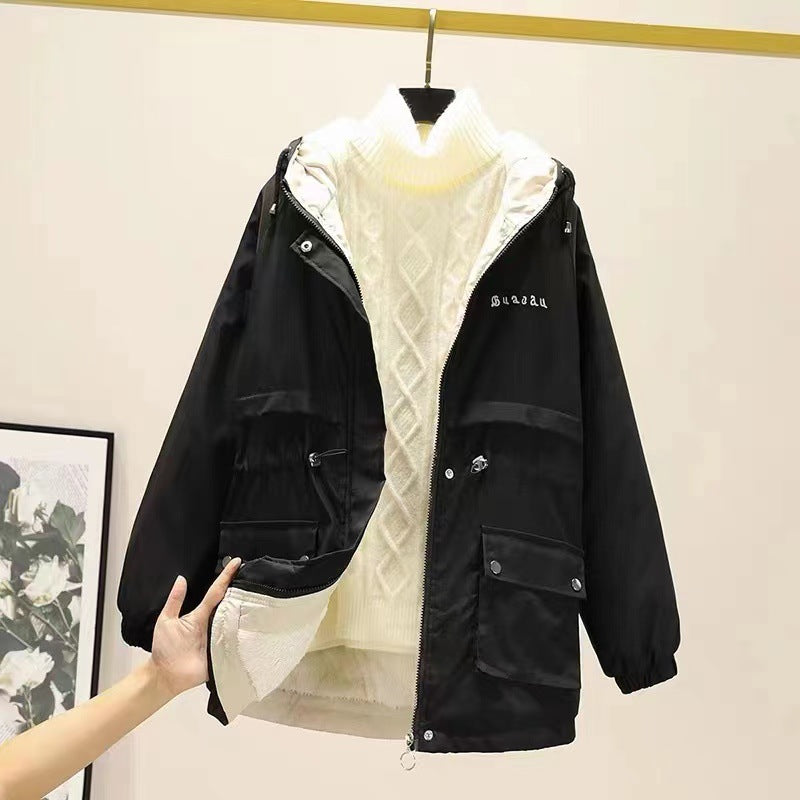 Damen gefütterte Parka-Jacke mit Kapuze und verstellbarem Taillenzug Drune