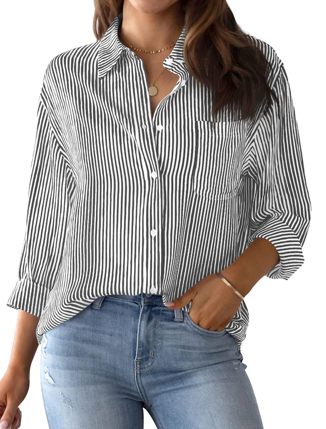 Damen lässige Hemdbluse mit feinen Streifen Drune