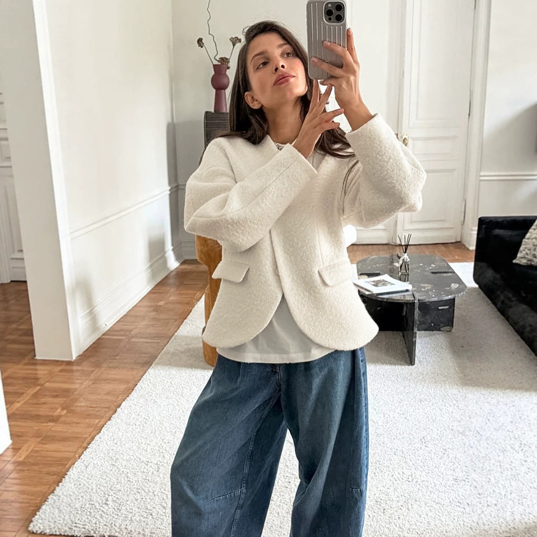 Damen Kurzjacke im Bouclé-Stil mit Oversize-Ärmeln und Pattentaschen Drune