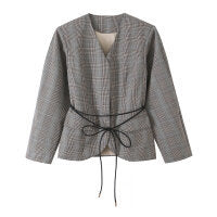 Damen Taillierte Kastenblazerjacke im Glencheck mit V‑Ausschnitt und Kordel‑Bindegürtel Drune